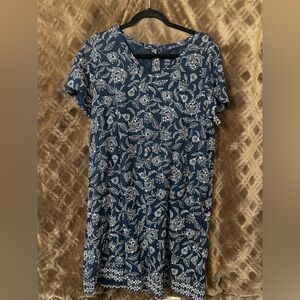 PureJill Buttoned Back T-shirt Dress Floral Print Navy Blue Women's